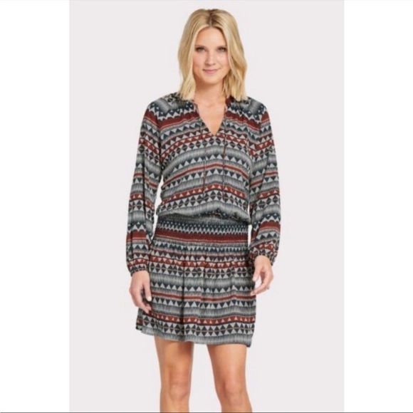 Allison Joy Long Sleeve Smocked Waistline Geometric V-neck Mini Dress Small - Picture 1 of 11